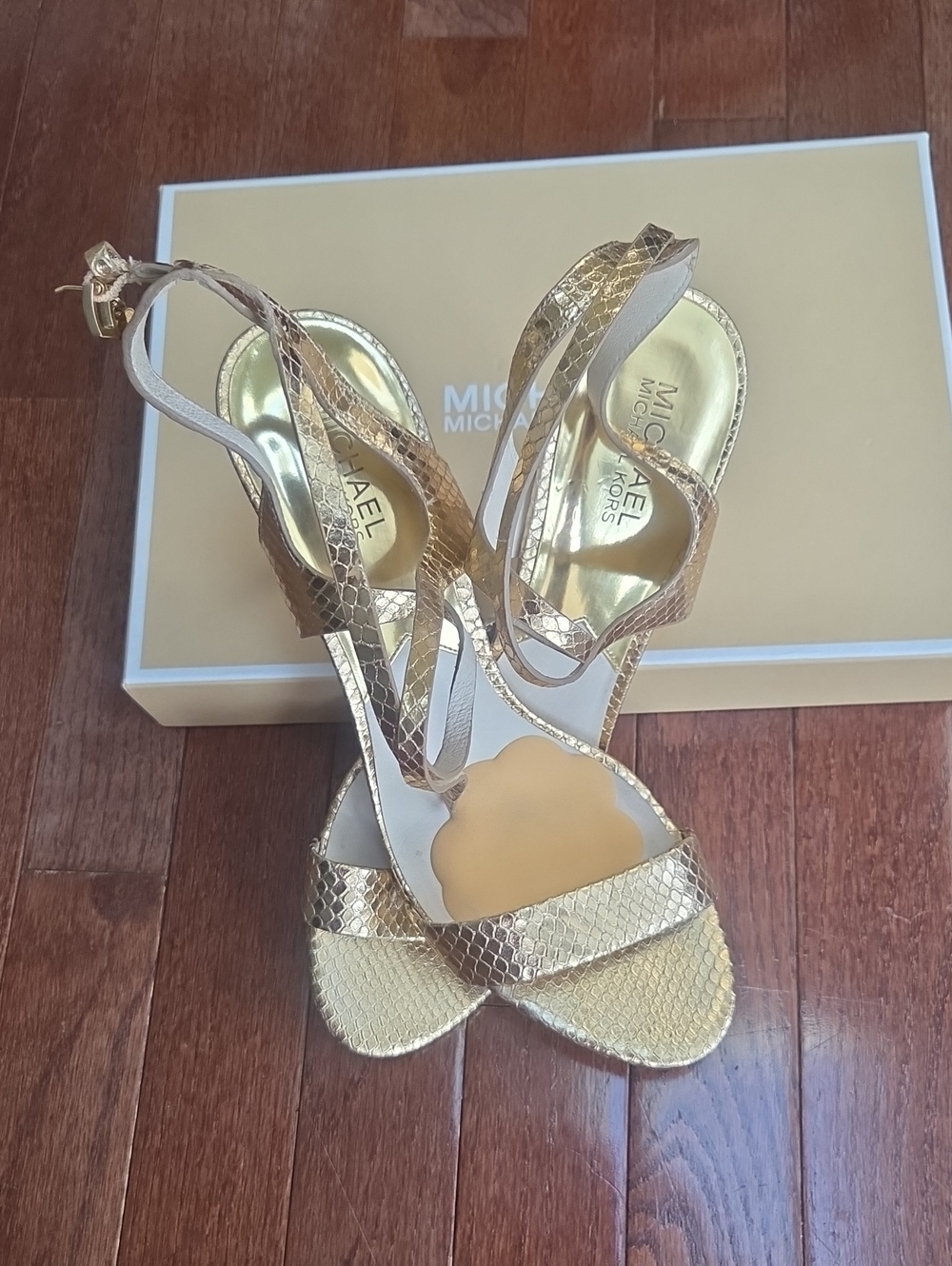 Michael Kors Metallic Gold Snake-Embossed Strappy Heels